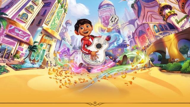 Disney Lorcana Chapitre 14 Hyperia City, visuel clé avec Miguel Rivera (Coco), © Disney / Ravensburger