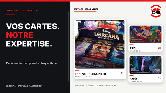 Dépôt-vente cartes Pokémon et Lorcana : display scellé et cartes du catalogue LorenZone, guide noir blanc rouge