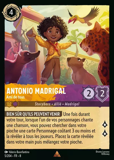 Carte Lorcana - Disney Antonio Madrigal, Ami de tous 005/204 Rare Valerio Buonfantino Chapitre 08 Le Règne de Jafar ROJ Neuf FR LorenZone