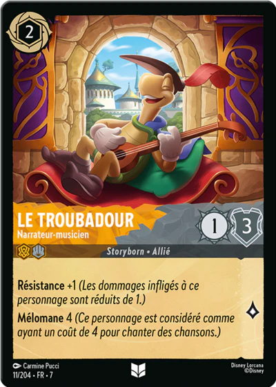 Carte Lorcana - Disney Le Troubadour, Narrateur-musicien 011/204 Peu Commune Carmine Pucci Chapitre 07 L'Île d'Archazia ARI Neuf FR LorenZone