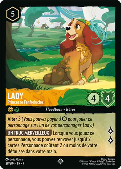 Carte Lorcana - Disney Lady, Princesse Fanfreluche 028/204 Super Rare João Moura Chapitre 07 L'Île d'Archazia ARI Neuf FR LorenZone