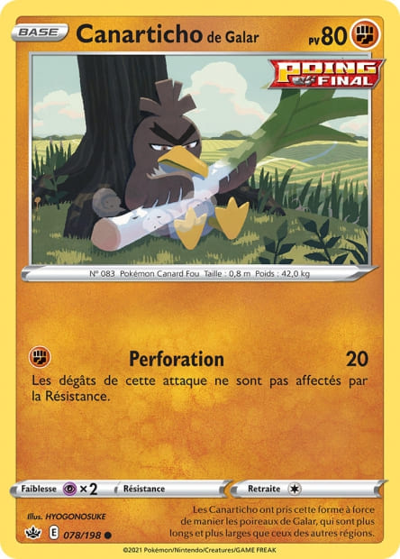 Carte Pokémon Canarticho de Galar 078/198 CRE Règne de Glace EB06 Neuf FR LorenZone