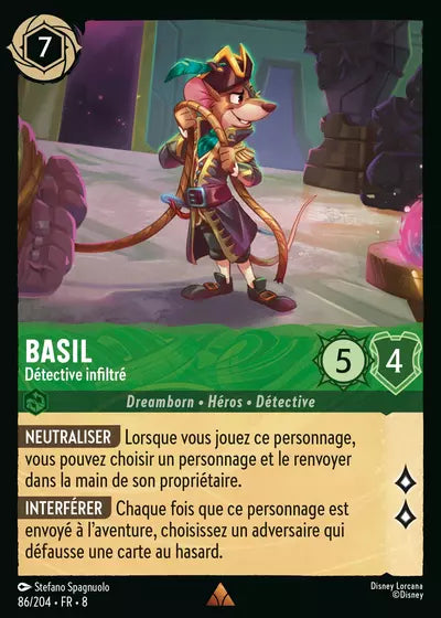 Carte Lorcana - Disney Basil, Détective infiltré 086/204 Rare Stefano Spagnuolo Chapitre 08 Le Règne de Jafar ROJ Neuf FR LorenZone