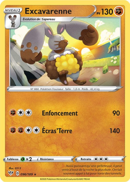 Carte Pokémon Excavarenne 096/189 SWSH3 Ténèbres Embrasées EB03 Neuf FR LorenZone