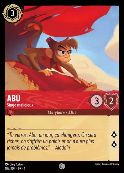 Carte Lorcana - Disney Abu, Singe malicieux 103/204 Chapitre 01 Premier Chapitre FC Neuf FR LorenZone