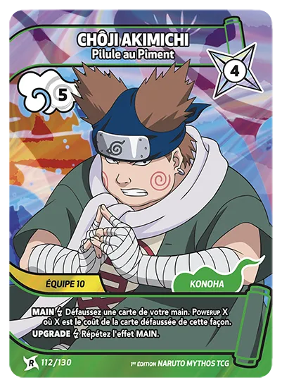 Carte Naruto Mythos CHÔJI AKIMICHI – Pilule au Piment 112/130 R 1er Chapitre Neuf FR LorenZone