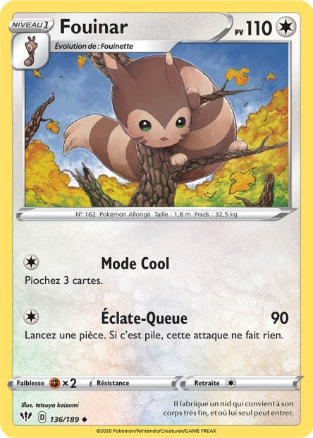 Carte Pokémon Fouinar 136/189 SWSH3 Ténèbres Embrasées EB03 Neuf FR LorenZone