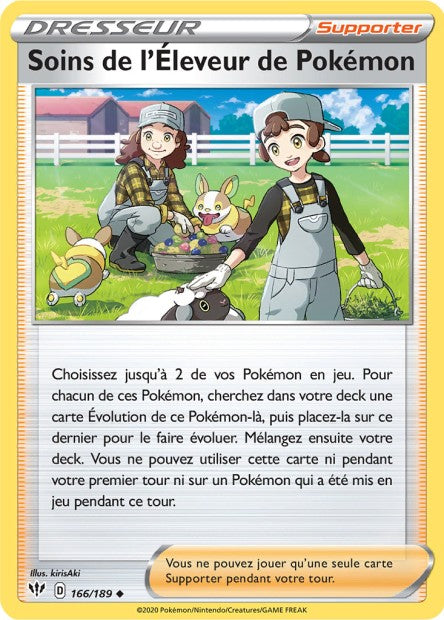 Carte Pokémon Soins de l'Éleveur de Pokémon 166/189 SWSH3 Ténèbres Embrasées EB03 Neuf FR LorenZone