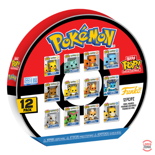 Coffret Funko Bitty Pop Pokémon contenant 12 mini-figurines vinyle Pikachu, Bulbizarre, Salamèche, Évoli et autres personnages emblématiques dans un pack collector rond.