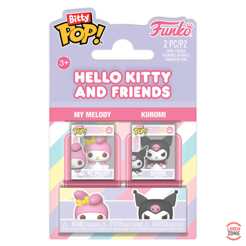 Coffret Bitty Pop Hello Kitty and Friends contenant 2 mini-figurines vinyle Funko représentant My Melody et Kuromi, personnages adorés de l’univers Sanrio.