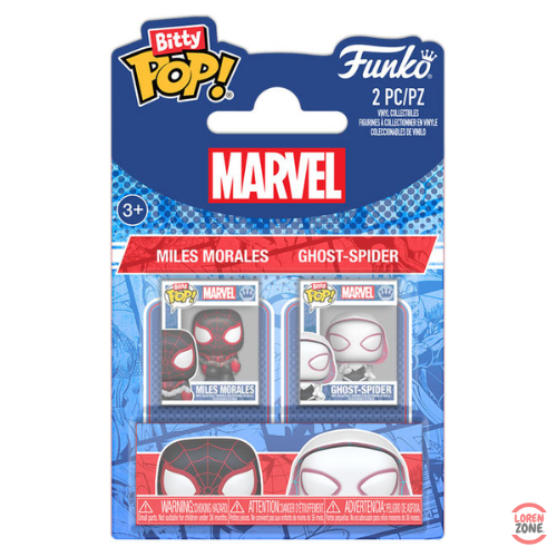 Coffret Bitty Pop Marvel contenant 2 mini-figurines vinyle Funko représentant Miles Morales et Ghost-Spider, inspirées de l’univers Spider-Verse.