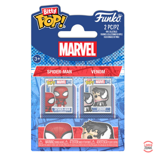 Coffret Bitty Pop Marvel contenant 2 mini-figurines vinyle Funko représentant Spider-Man et Venom, inspirées des célèbres héros et vilains de l’univers Marvel.