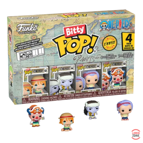 Coffret Bitty Pop One Piece contenant 4 mini-figurines vinyle Funko, dont Nami, Arlong, Nojiko et Shanks, inspirées de la série animée One Piece.