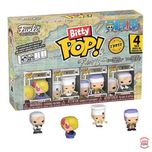 Coffret Bitty Pop One Piece contenant 4 mini-figurines vinyle Funko, dont Sanji, Zeff, Krieg et Smoker, inspirées de l’arc du Baratie dans la série animée One Piece.
