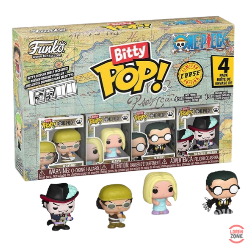 Coffret Bitty Pop One Piece contenant 4 mini-figurines vinyle Funko, dont Usopp, Kaya, Kuro et Buggy the Clown, inspirées de la série animée One Piece.