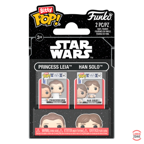 Coffret Bitty Pop Star Wars contenant 2 mini-figurines vinyle Funko représentant Princesse Leia et Han Solo, inspirées de la saga originale Star Wars.