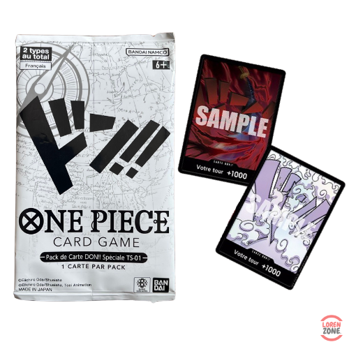 Pack One Piece Card Game DON!! Spéciale TS-01 en français avec 2 types de cartes possibles, illustrant un booster scellé et deux cartes échantillons +1000.