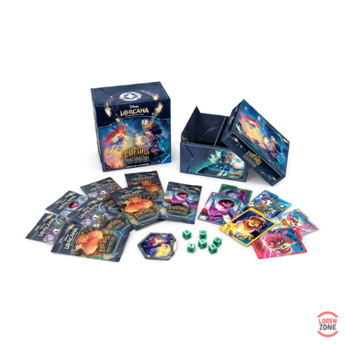 Contenu du coffret Trove Pack Lorcana Chapitre 10 Lueurs Dans Les Profondeurs : boosters, dés, cartes, séparateurs et boîte de rangement illustrée.