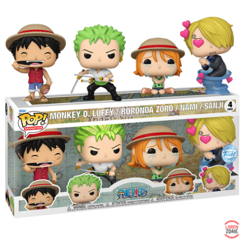 Coffret Funko Pop One Piece 4 Pack contenant les figurines de Monkey D. Luffy, Roronoa Zoro, Nami et Sanji, inspirées de l’équipage du Chapeau de Paille.