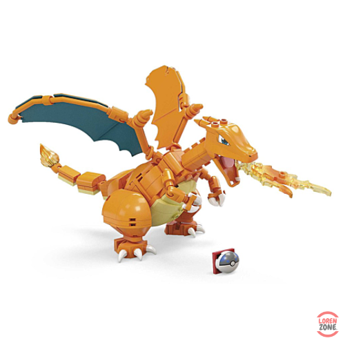 Figurine articulée Dracaufeu construite avec 222 pièces Mega Construx GWY77, ailes déployées et flammes réalistes