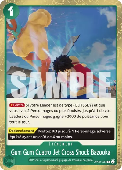 Carte One Piece Gum Gum Cuatro Jet Cross Shock Bazooka OP09-039 R Les Nouveaux Empereurs Neuf FR LorenZone