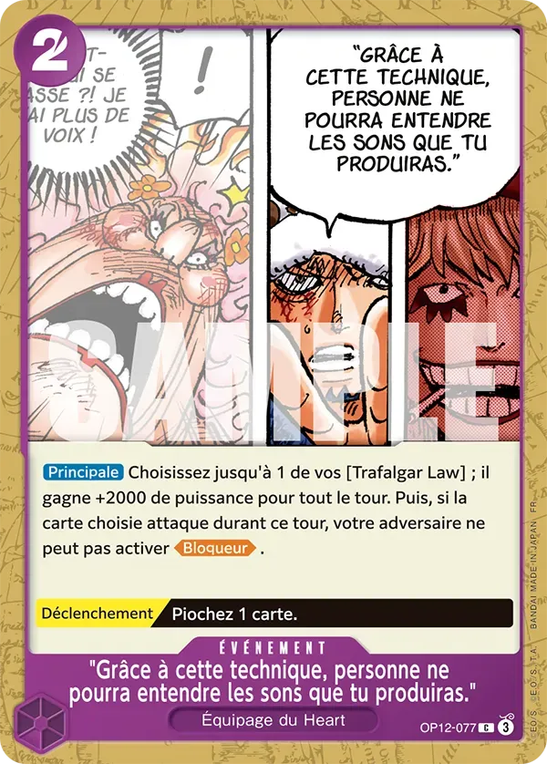 Carte One Piece "Grâce à cette technique, personne ne pourra entendre les sons que tu produiras." - FR OP12-077 CO L'héritage du Maître Neuf FR LorenZone