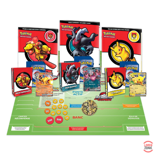 Plateau de jeu, cartes promo Carmadura-ex, Pikachu-ex et Darkrai-ex, decks, pièces et accessoires du coffret Académie de Combat V3 Pokémon
