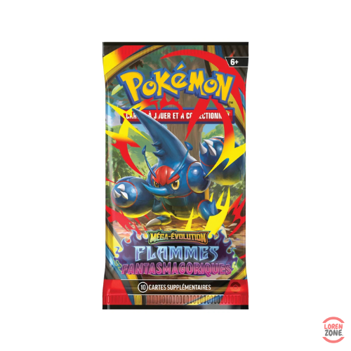 Booster Pokémon Méga-Évolution Flammes Fantasmagoriques illustré par Scarhino, contenant 10 cartes