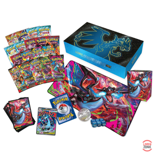 Contenu du Coffret Ultra-Premium Pokémon Méga-Dracaufeu X avec boosters, cartes promos, tapis de jeu, sleeves, pièces et accessoires