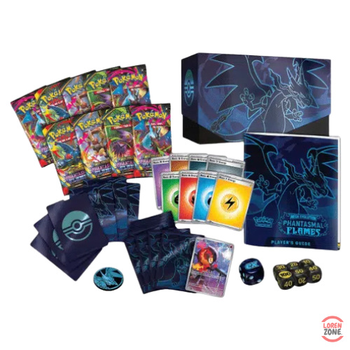 Contenu du Coffret Dresseur d'Élite Pokémon Flammes Fantasmagoriques avec boosters, cartes, sleeves et accessoires