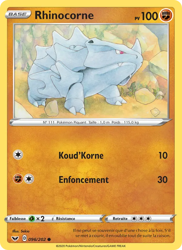 096/202 - Rhinocorne – Épée et Bouclier (Carte Pokémon FR à petit prix, à l’unité sur Lorenzone.fr)