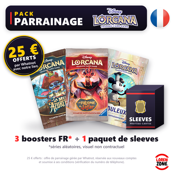 Pack Parrainage Lorcana LorenZone : 3 boosters Disney Lorcana FR (séries aléatoires) et 1 paquet de sleeves, 25 € offerts par Whatnot avec notre lien