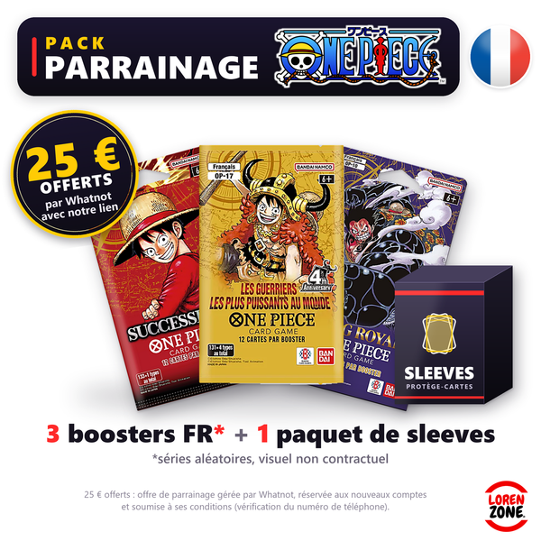 Pack Parrainage One Piece LorenZone : 3 boosters One Piece FR (séries aléatoires) et 1 paquet de sleeves, 25 € offerts par Whatnot avec notre lien