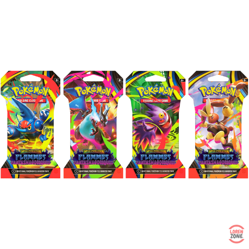 Artset complet de 4 boosters Pokémon Flammes Fantasmagoriques avec Scarhino, Dracaufeu, Ectoplasma et Laporeille