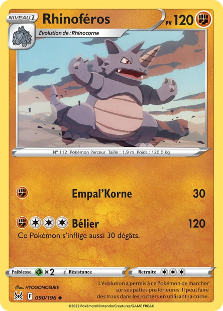 Carte Pokémon Rhinoféros 090/196 LOR Origine Perdue EB11 Neuf FR LorenZone