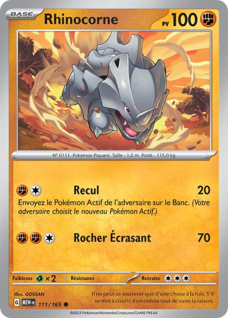 Carte Pokémon Rhinocorne 111/165 MEW 151 EV3_5  Neuf FR LorenZone