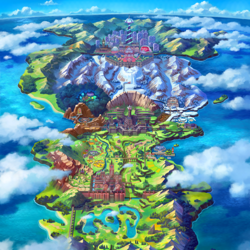Carte détaillée de la région de Galar dans Pokémon Épée et Bouclier, présentant une diversité de paysages, des plaines verdoyantes au sud, des montagnes enneigées au centre et une grande ville moderne au nord, entourée par l'océan.