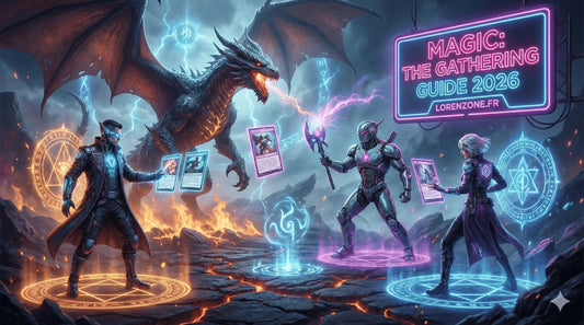 Illustration de couverture style fantasy futuriste montrant des magiciens et un dragon, avec un panneau néon affichant le titre Magic: The Gathering Guide 2026 pour le site lorenzone.fr.