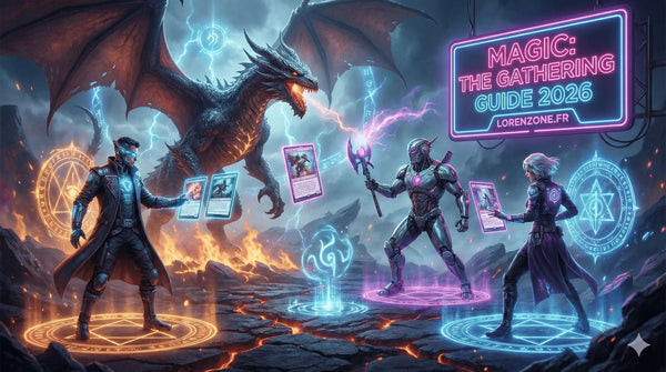 Illustration de couverture style fantasy futuriste montrant des magiciens et un dragon, avec un panneau néon affichant le titre Magic: The Gathering Guide 2026 pour le site lorenzone.fr.