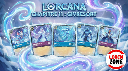 Bannière du blog LorenZone.fr pour le jeu de cartes Lorcana Chapitre 11 : Givresort. L'illustration montre cinq cartes à collectionner sur le thème de l'hiver prises dans la glace, entourées de tourbillons d'encre magique bleue et violette.