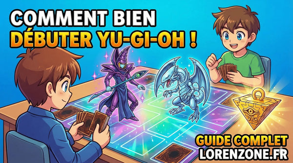 Illustration de couverture style dessin animé pour le guide complet 'Comment bien débuter Yu-Gi-Oh !' sur lorenzone.fr, montrant deux joueurs en duel avec le Magicien Sombre et le Dragon Blanc aux Yeux Bleus.