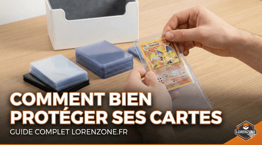 Mains insérant une carte à collectionner Pokémon Dracaufeu dans une protection rigide (toploader), entourée de piles de sleeves et d'une deck box. Image de couverture pour le guide 'Comment bien protéger ses cartes' sur Lorenzone.fr.