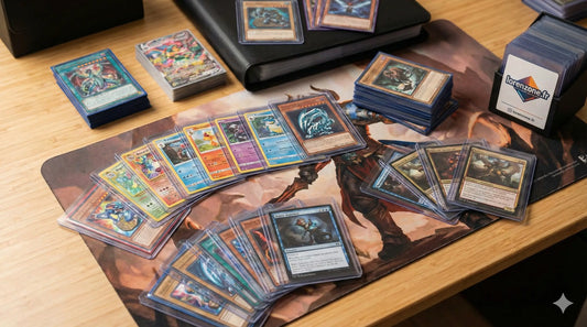 Bannière horizontale pour le blog Lorenzone.fr illustrant l'univers des jeux de cartes à collectionner (TCG) avec des decks, des pochettes de protection et des accessoires sur une table de jeu.