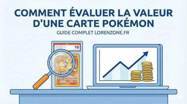 Illustration vectorielle montrant une loupe sur une carte Pokémon Dracaufeu gradée PSA 10 à côté d'un ordinateur affichant une courbe de prix et des pièces. Couverture du guide d'estimation de valeur sur Lorenzone.fr.