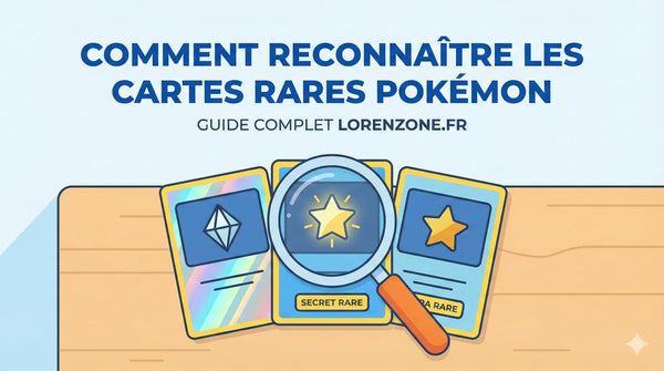 Illustration d'une loupe examinant les symboles de rareté (étoile, losange) sur des cartes Pokémon, image de couverture pour le guide d'identification sur Lorenzone.fr.
