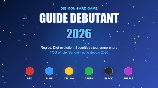 Digimon Card Game guide debutant 2026 : 6 couleurs (Red, Blue, Yellow, Green, Black, Purple) et Digi-evolution du TCG officiel Bandai.