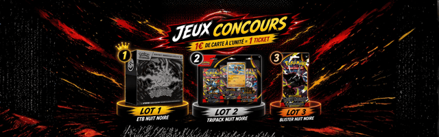 Jeu concours LorenZone : 1 € en carte Pokémon à l'unité = 1 ticket — ETB, TriPack et Blister Méga-Évolution Nuit Noire à gagner