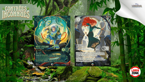 Lorcana Chapitre 12 Contrées Inconnues cartes Iconiques Buzz l'Éclair et Mérida sur fond de jungle bambou LorenZone.fr