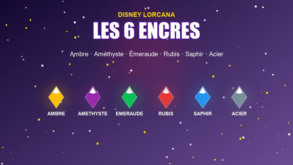 Les 6 encres Disney Lorcana : Ambre, Amethyste, Emeraude, Rubis, Saphir, Acier - cristaux representant les couleurs du deckbuilding Lorcana.