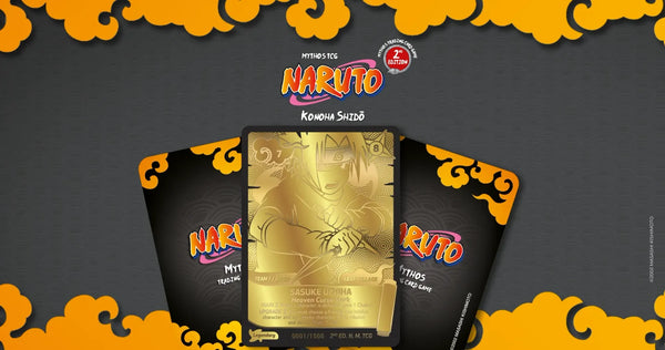 Article officiel narutotcgmythos.com - presentation de la deuxieme carte en or Sasuke Uchiha, 2e edition 1er Chapitre Konoha Shido (Zvezda / Cicaboom)